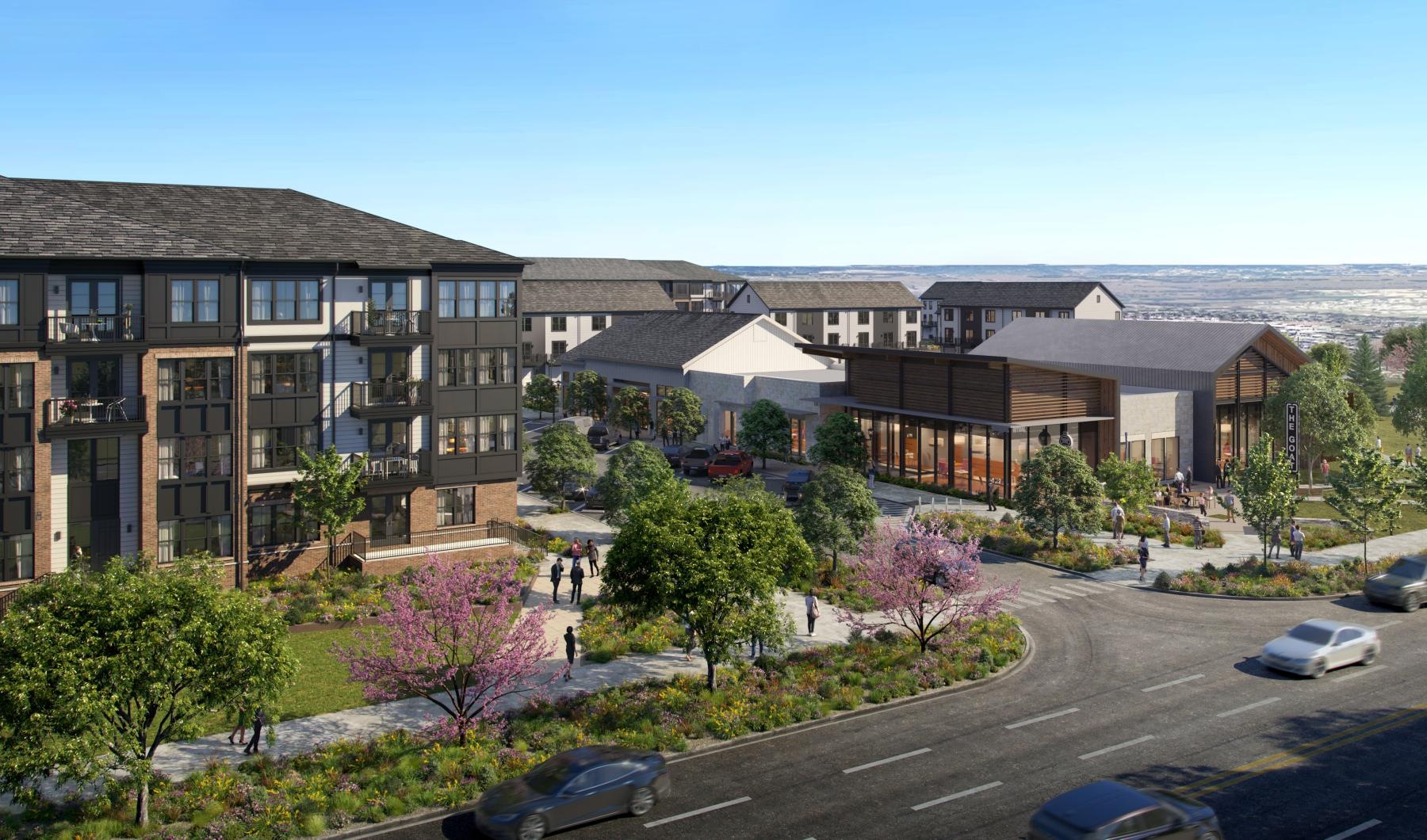 a street with cars and trees by buildings