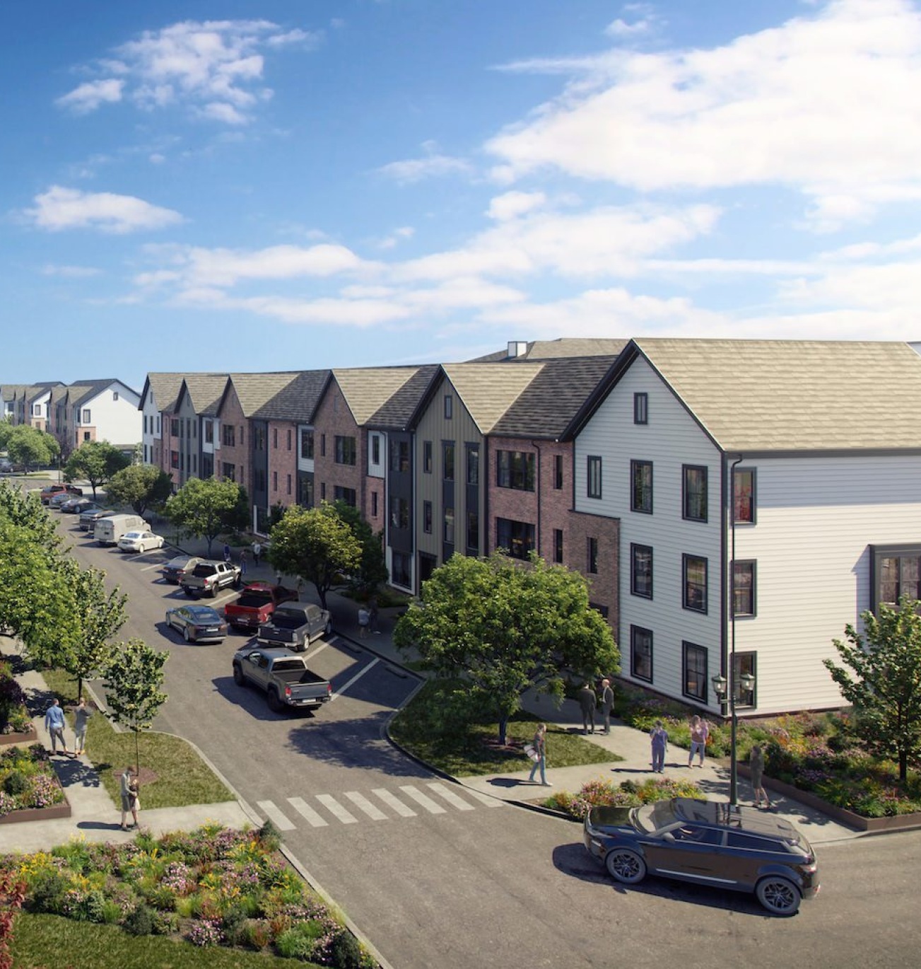 a street with cars and buildings on the side