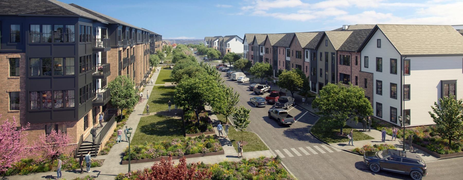 a street with cars and buildings on the side